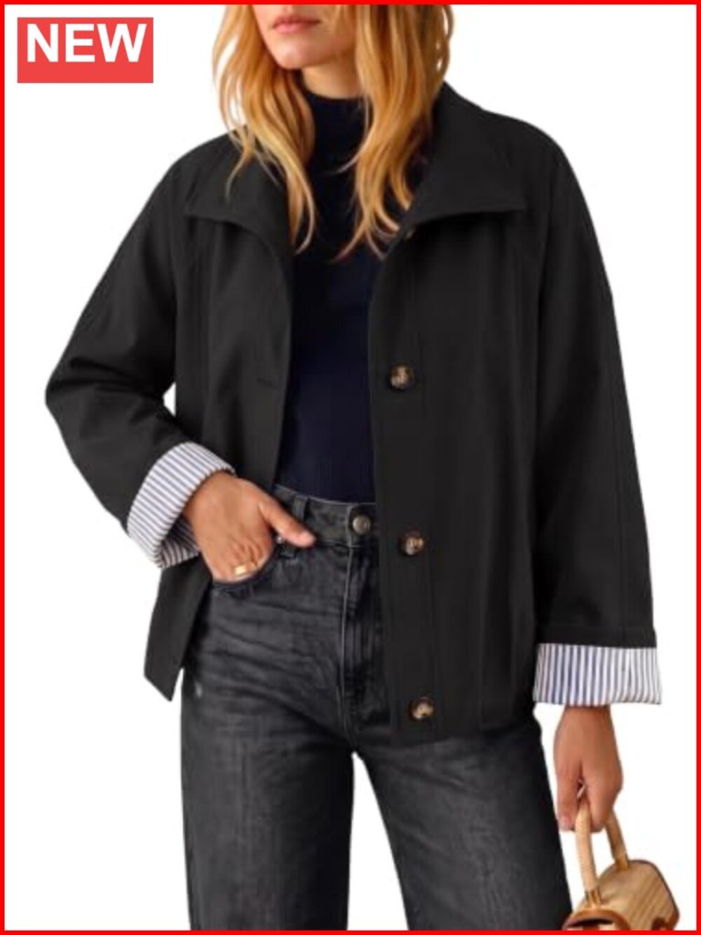 Cropped Trench Coat Oversized Women Casual Lightweight with Striped Lining